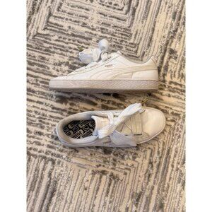 PUMA Basket Heart women's size 9 white patent sneakers oversized laces MSRP $165
